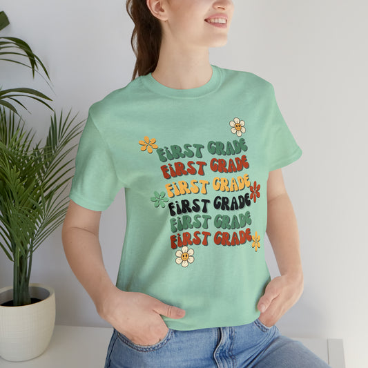 Groovy Flowers First Grade Teacher Tee